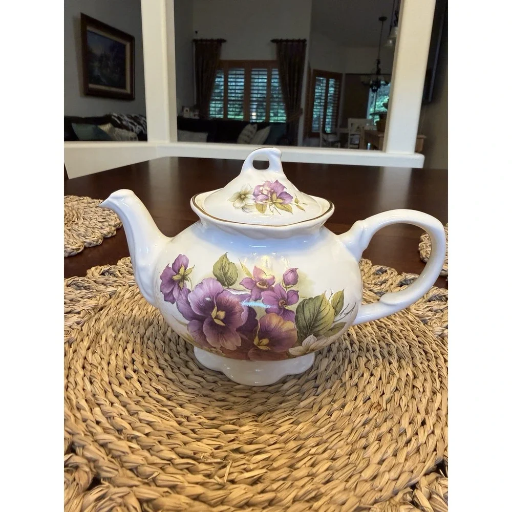 Vintage Arthur Wood Teapot 6496 Purple Floral Gold Trim England 6 Cup